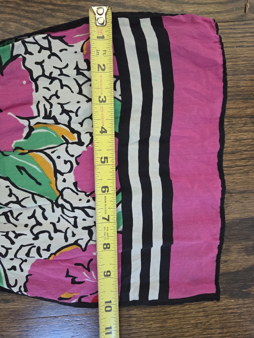 Bright‎ Pink Floral SILK Scarf with Green Leaves And Black And White Stripe